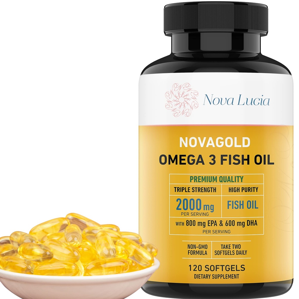 NovaGold Omega 3 Fish Oil - 2000mg High Strength EPA DHA Supplement - Burpless, Let at synke Softels - Understøtter hjerte, hjerne, joints, immunforsvar & hud - non-GMO - 120 flydende kapsler