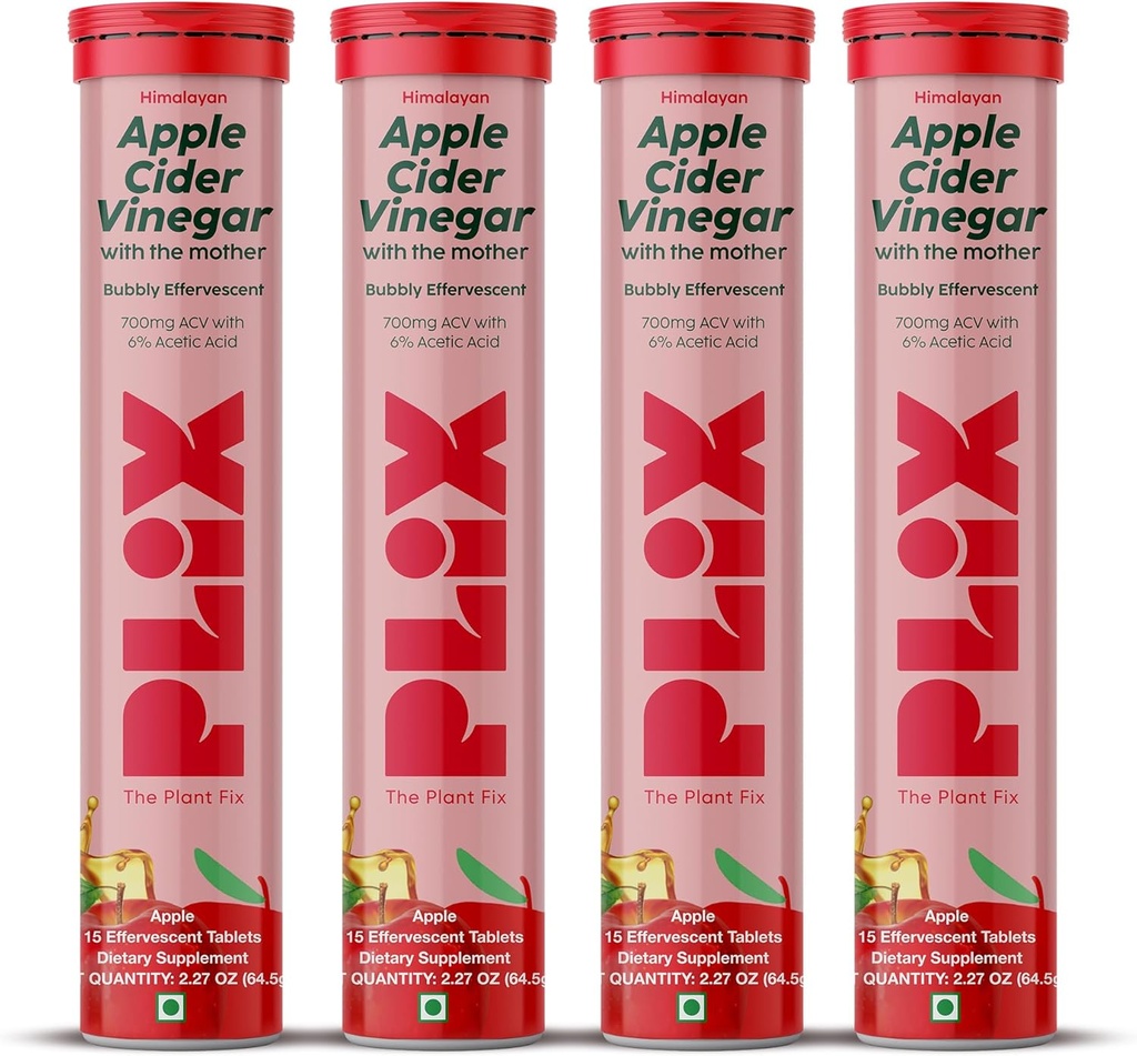 PLIX Apple Cider Vincitol Effervescent tabletter med The Mother, 700mg ACV med VIT B12, B6, pakke med 4