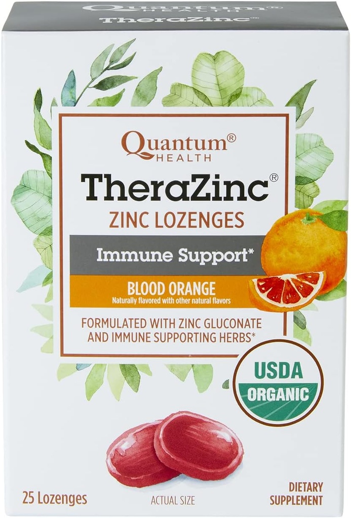 Quantum Health TheraZink Organic Zink Lozenges Echinacea & honning immunforsvar støtte til voksne & børn 12 + Naturligt farvet blod Orange Fast Relief uden eftersmag - 25 Greve