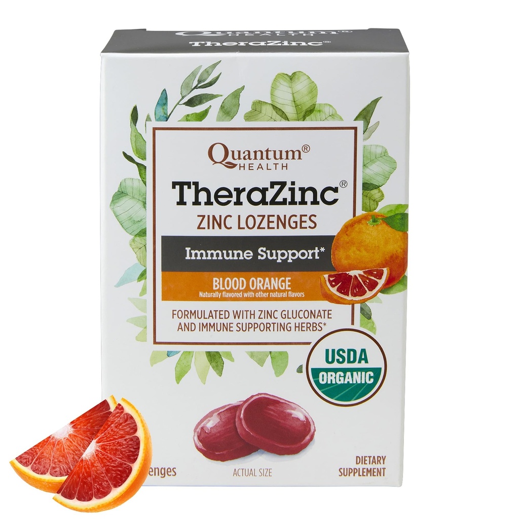 Quantum Health TheraZink Organic Zink Lozenges Echinacea & honning immunforsvar støtte til voksne & børn 12 + Naturligt farvet blod Orange Fast Relief uden eftersmag - 25 Greve