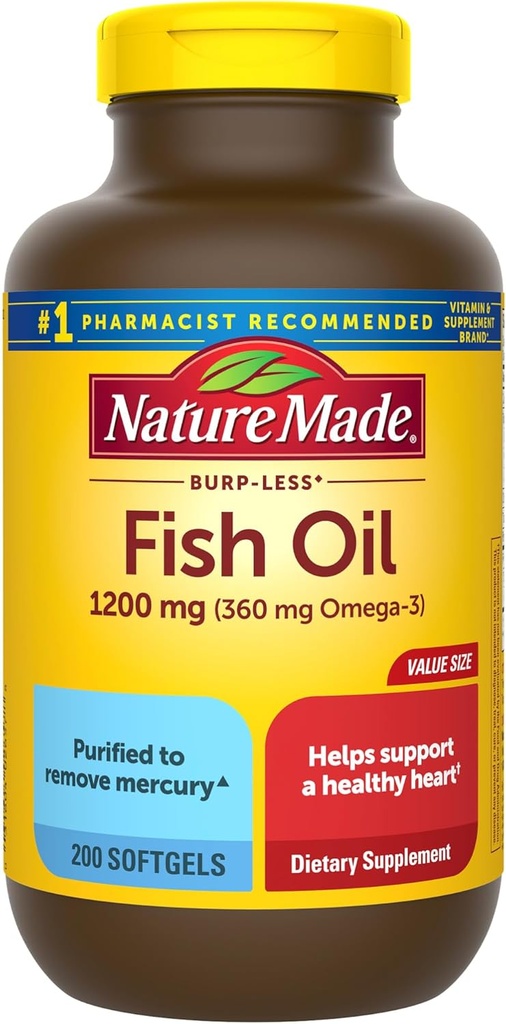 Nature Made Burp Mindre Fish Oil Omega 3 Kosttilskud, 1200 mg Softgels, Omega 3 Fish Oil for Sund Heart Support, 200 Softgels, 100 dages forsyning