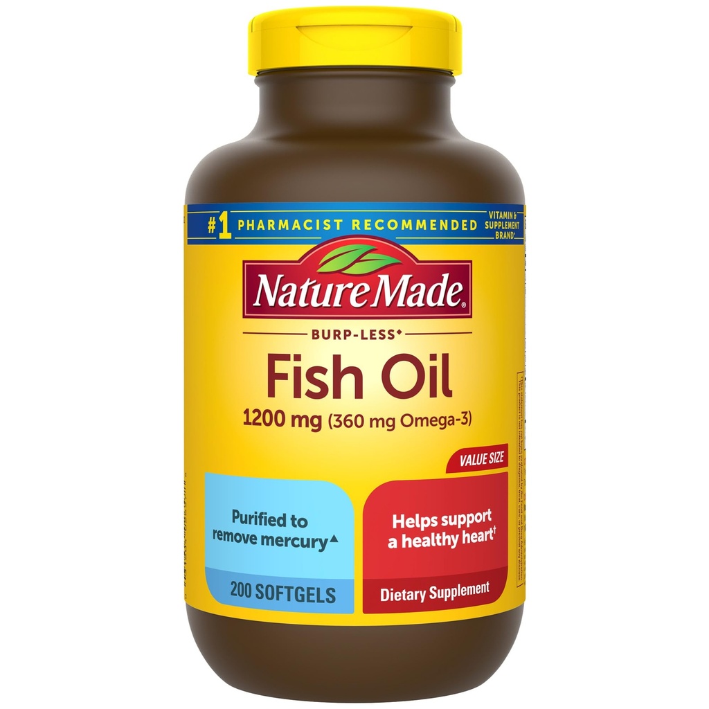 Nature Made Burp Mindre Fish Oil Omega 3 Kosttilskud, 1200 mg Softgels, Omega 3 Fish Oil for Sund Heart Support, 200 Softgels, 100 dages forsyning
