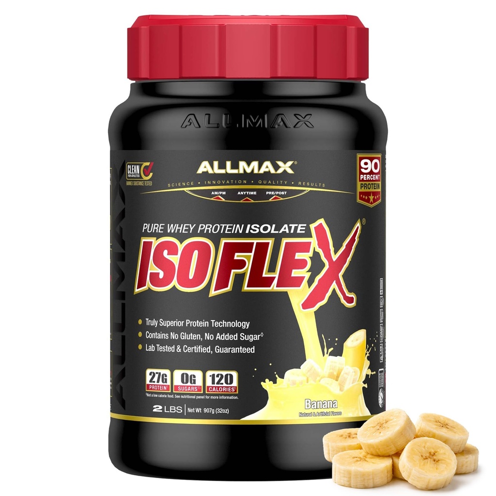 ALLMAX Nutrition ISOFLEX Whey Protein Isolate, Banana - 2 LB - 27 Bedste Protein Per Scoop - Zero Fat & Sugar - 99% Lactose Free - Gluten Free & Soy Free - Ca. 30 Servere