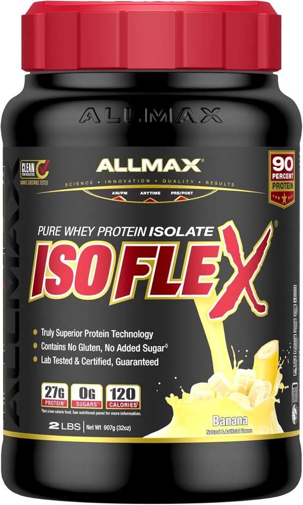 ALLMAX Nutrition ISOFLEX Whey Protein Isolate, Banana - 2 LB - 27 Bedste Protein Per Scoop - Zero Fat & Sugar - 99% Lactose Free - Gluten Free & Soy Free - Ca. 30 Servere