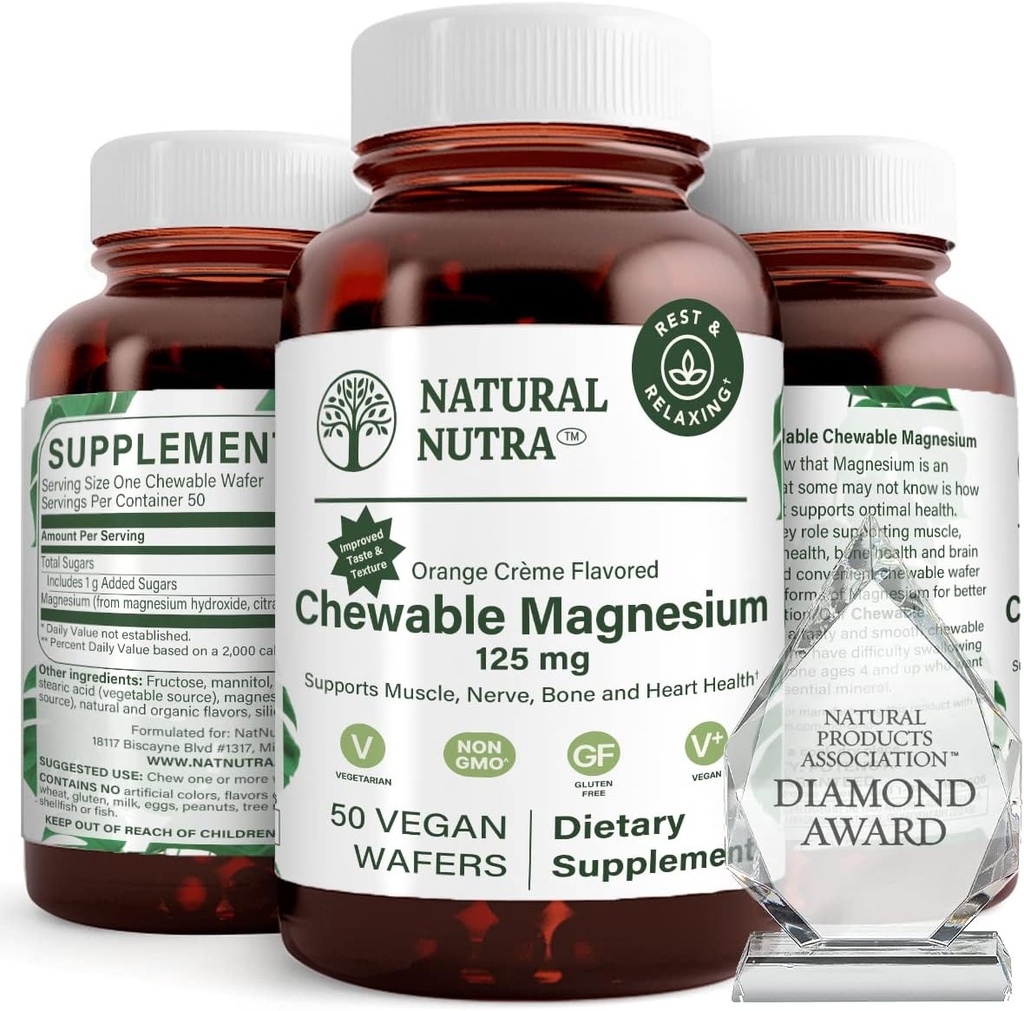 Naturlig Nutra Chewable Magnesium tillæg med Citrate og Chelate for børn og voksne, fremmer bedre søvn, Bedste Pure Mag Chew for muskel, nerve, ben, og hjerte sundhed, 125mg, 50 Vegan Wafers