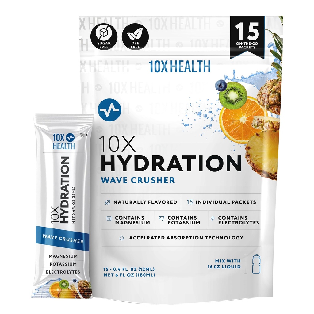 10X Sundhed Hydration Pakker Wave Crusher Electrolyte Drink Mix Flydende 15 Stickpacks med Magnesium Citrat, Natrium & Kalium - Natural Formlet Elektrolyte