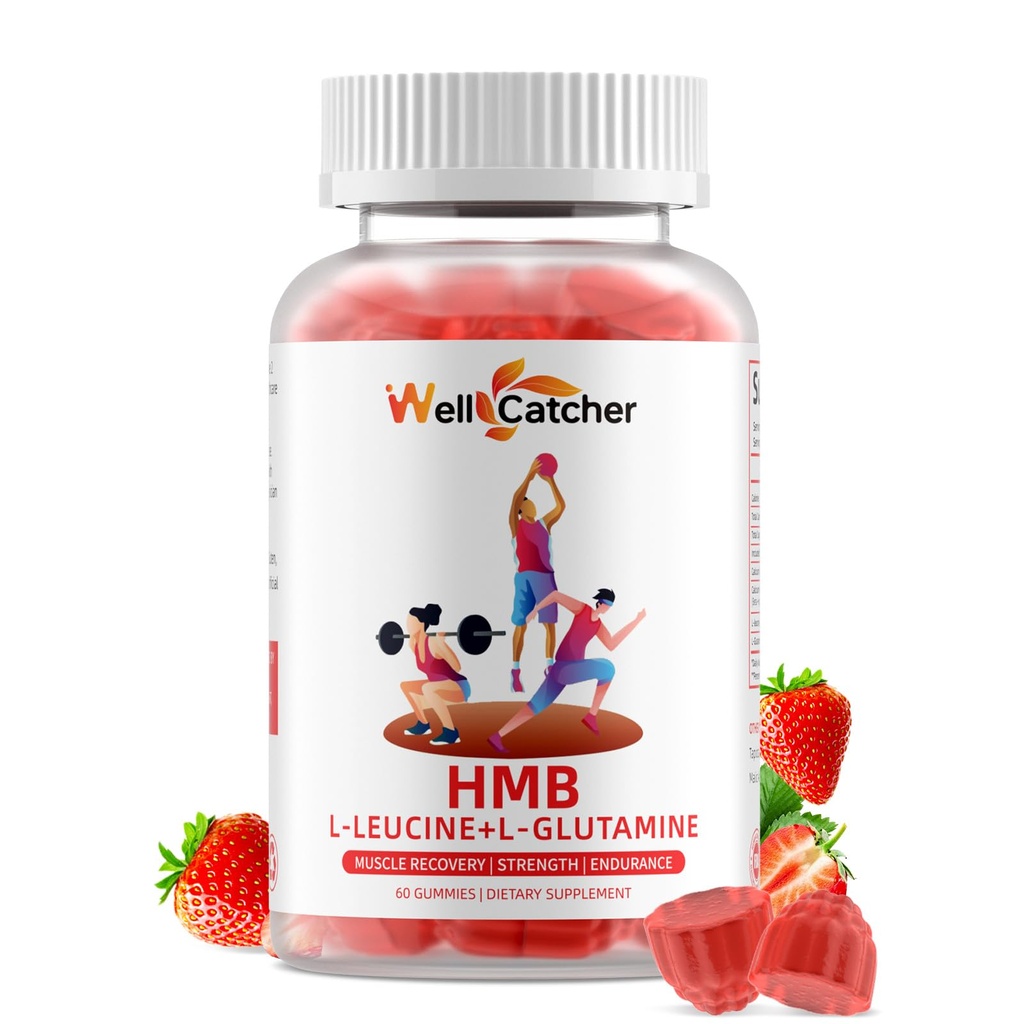 HMB og Leucin Aminosyre Gummies: HMB Kosttilskud til mænd Kvinder med L- Glutamin til muskelvækst Hurtig workout Inddrivelse, Sukker Free Vegan Non- GMO Jordbærsmag 30 dages forsyning