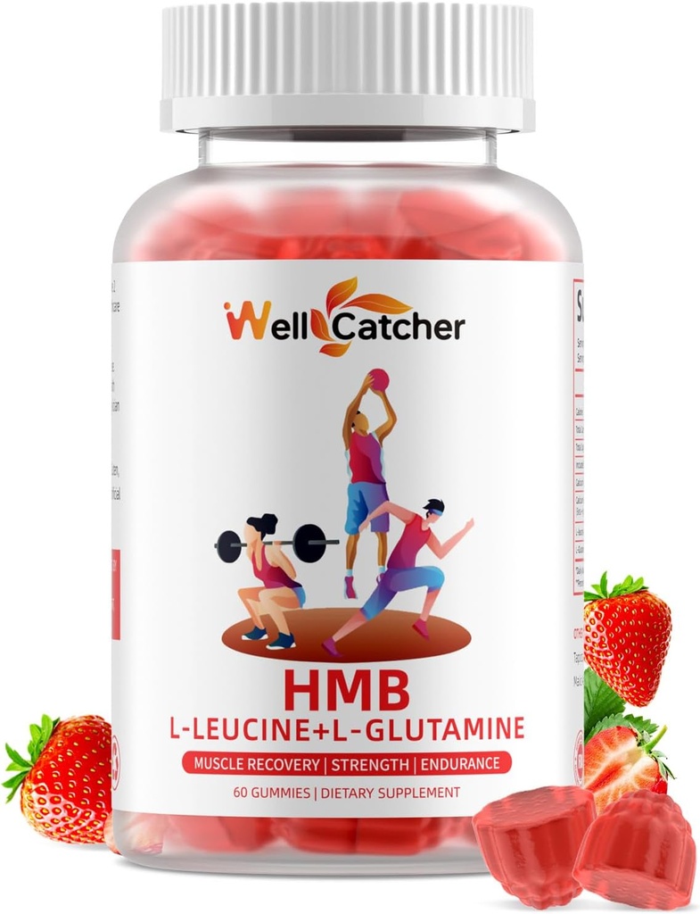 HMB og Leucin Aminosyre Gummies: HMB Kosttilskud til mænd Kvinder med L- Glutamin til muskelvækst Hurtig workout Inddrivelse, Sukker Free Vegan Non- GMO Jordbærsmag 30 dages forsyning
