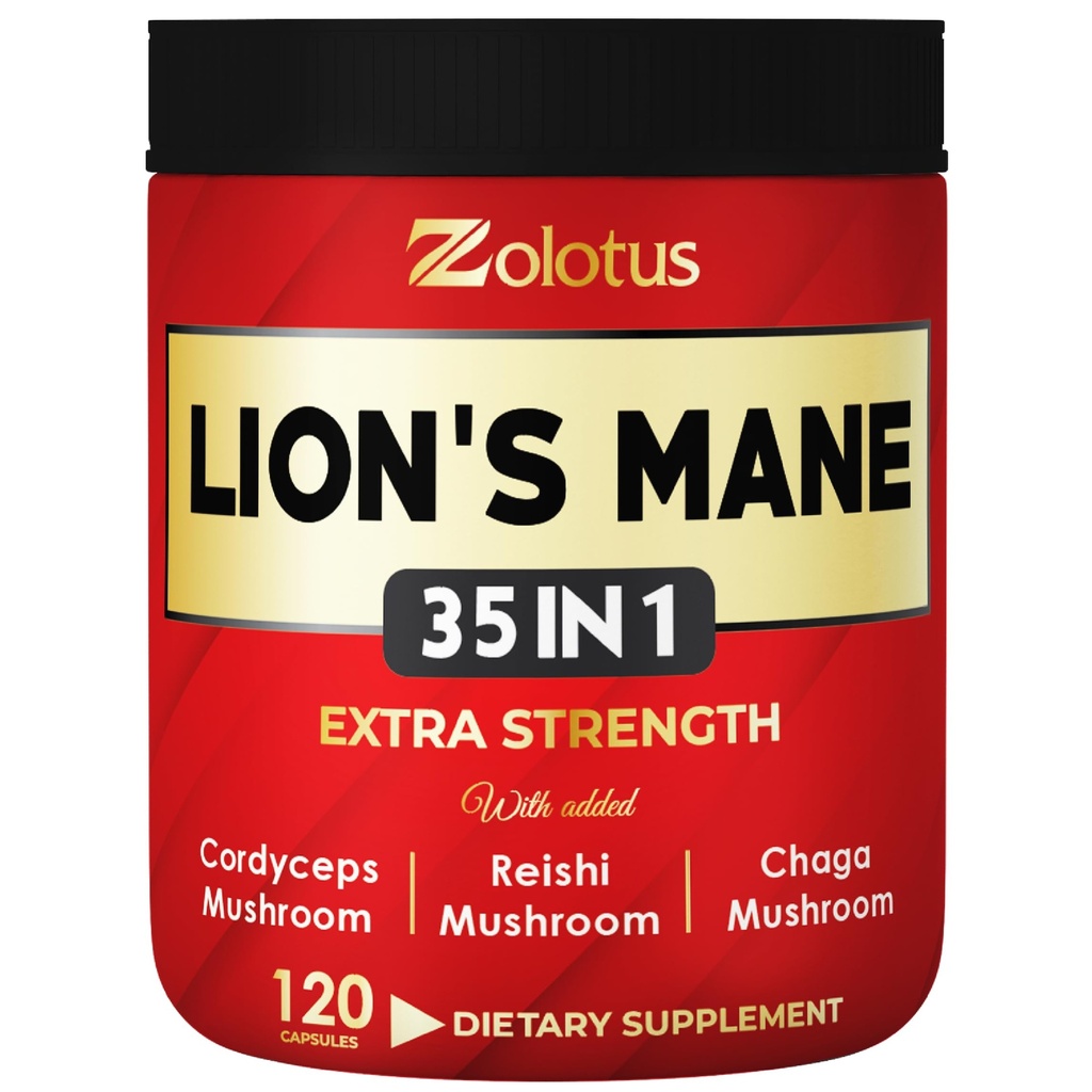 Zolotus 35 i 1 Lions Mane Mushroom Capsules Cordeyceps, Reishi, Elderberry, Ashwagandha, Panax Ginseng - 120 Greve