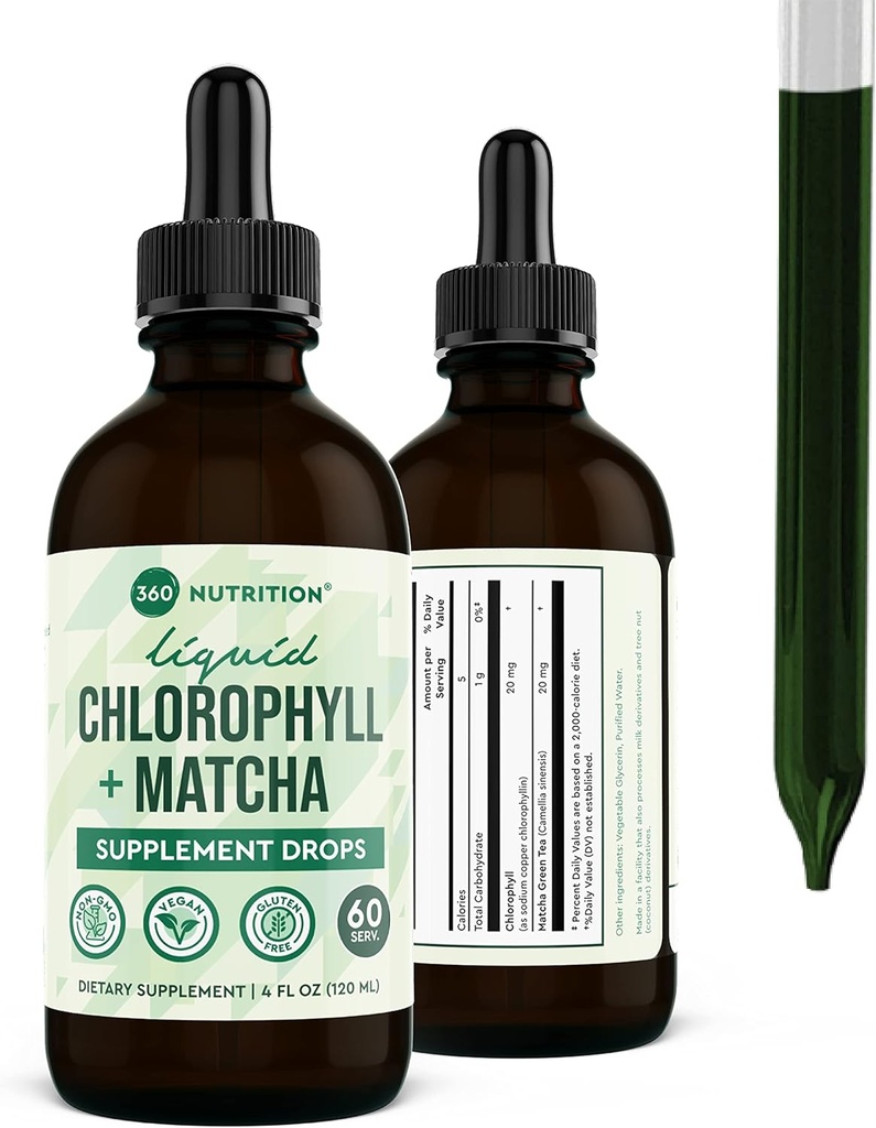 360 Nutrition Matcha Chlorophyll Liquid Drops with L-Theanine, Gluten Free & Vegan Internal Deodorant Supplement, Supports Gut Health, Digestion, Energy, Radiant Skin, Fast Absorption, 60 Servings