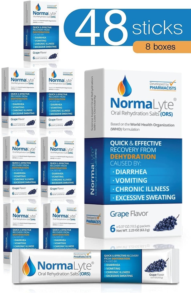 NormaLyte Oral Rehydrering Salts- 48 sticks pakker (Yields 500ml per pakke) -Grapes - 124; Energitilskud, Kalium supplement, Dehydrering Inddrivelse og hurtig absorption