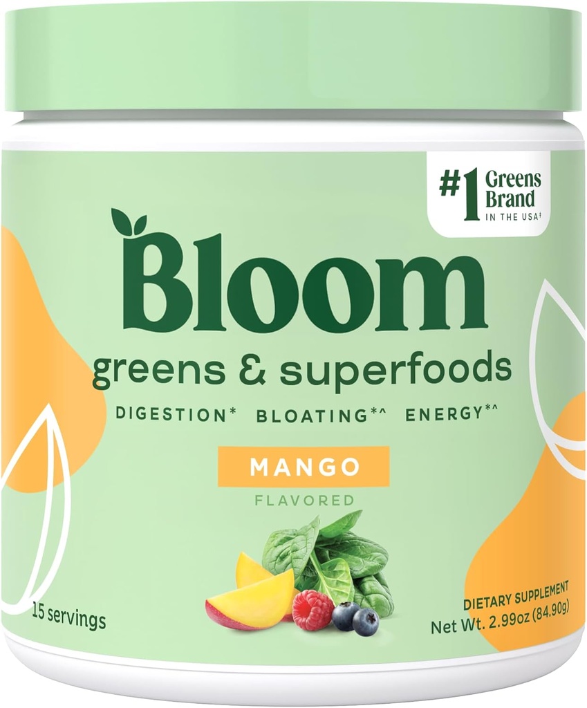Bloom Nutrition Superfood Green Powder, fordøjelsesfremmende enzymer w / Probiotika & Prebiotika, Gut Health, Bloating Relief for Women, Chlorella, 15 SVG (15 Servere (Pack of 1), Mango)