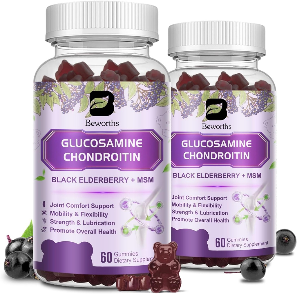 (2 Pack) Glucosamin Chondroitin Gummies, Extra Strength Joint Support Supplement med MSM & Elderberry for Mobility & Fleksibility, Antioxidant Support for Mænd & Kvinder, 120 Gummies