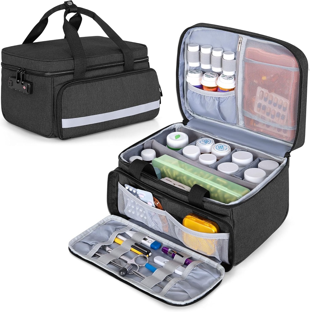 CURMIO Pill flaske Organizer Opbevaring, Medicin Lock Box for Pill Organizer og medicinske forsyninger, Sort (Patenteret Design)