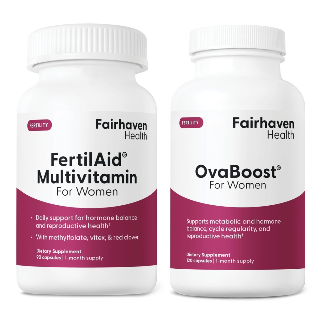 FertilAid til kvinder & Ovaboost Combo, Kvindelig Fertilitet Supplement & Natural Fertilitet Vitamin med Myo-Inositol, Vitex & Vitaminer til støtte ovulation, cyklus regelmæssighed & æg kvalitet, 1 måned Supply
