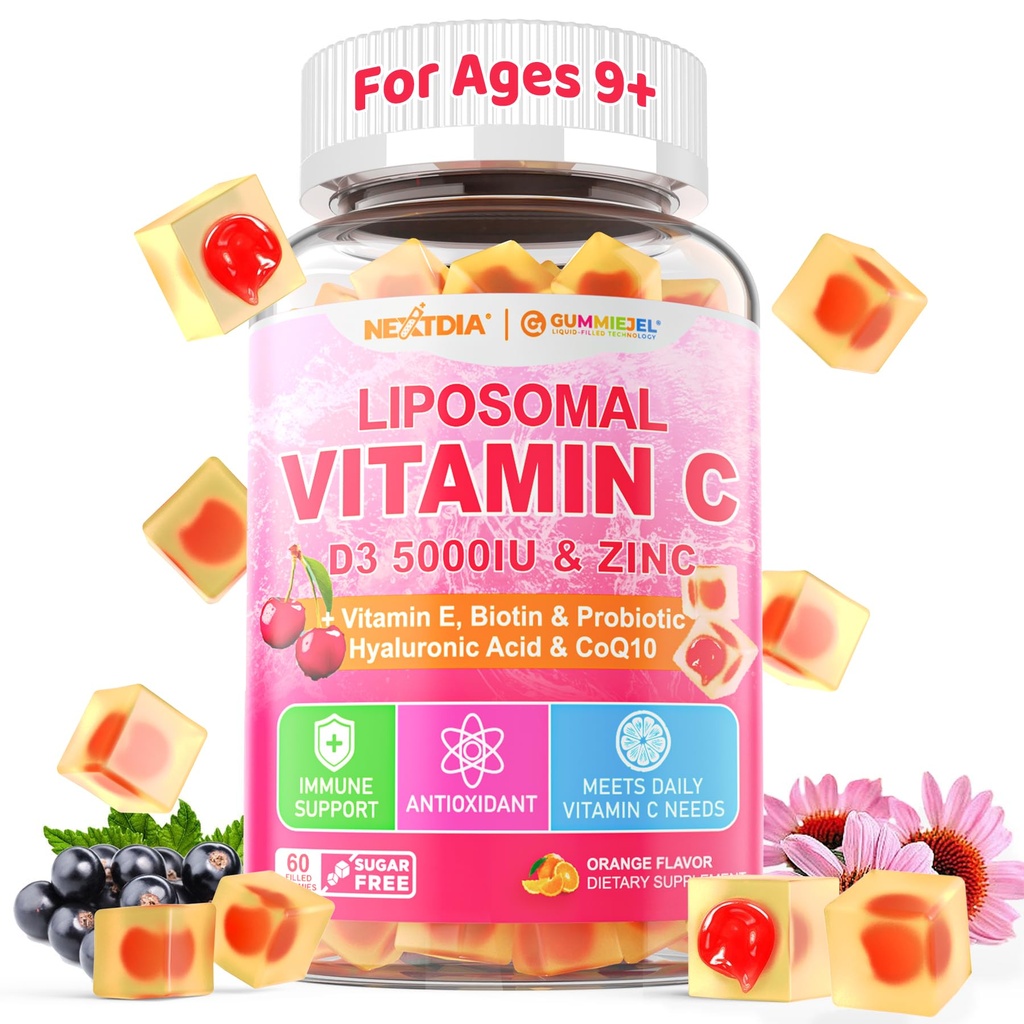 Liposomal C-vitamin 1000mg + D3 5000IE + Zink fyldt gummies, Folate 800mcg Chewable Supplement, Elderberry for immun, Hyaluronsyre, VE, for skønhed, Energi & Samlet sundhed, Sukker fri, Naturlig