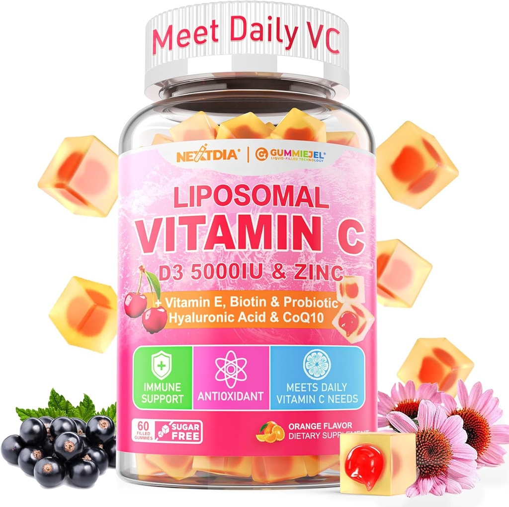 Liposomal Vitamin C 1000mg + D3 5000IU + Zinc Filled Gummies, Folate 800mcg Chewable Supplement, Elderberry for Immune, Hyaluronic Acid, VE, for Beauty, Energy & Overall Health, Sugar Free, Natural ﻿