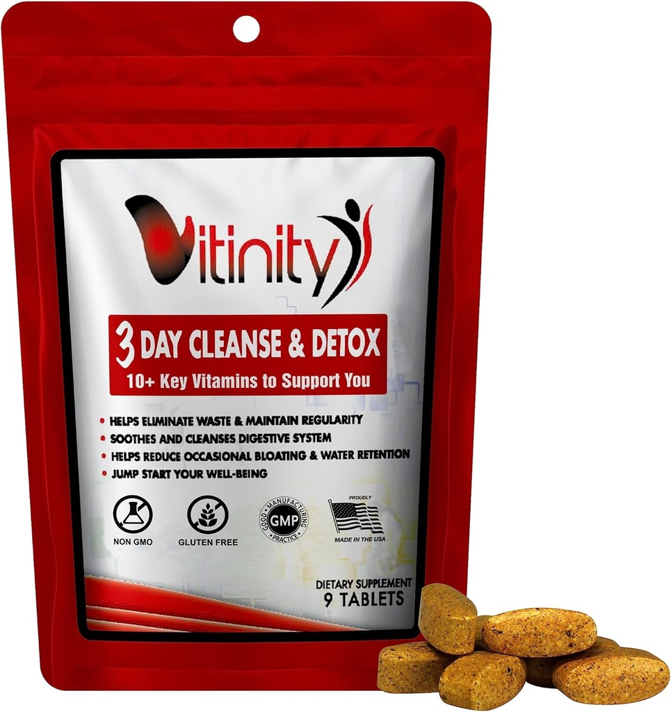 VITINITY 3 Dag Detox - Natural Whole Body Detox Pills - Colon Cleanse for fordøjelsessygdomme - Urte supplement til vægt, Bloating, & Forstoppelse Relief - Apple Cider Vincious & Cayenne Pepper (1)