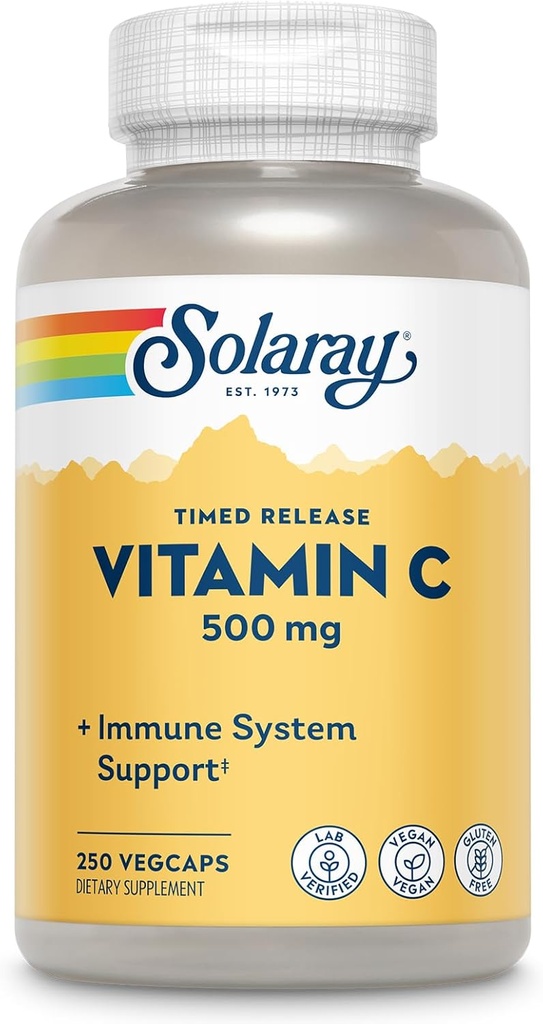 SOLARAY Vitamin C 500mg, Two-Stage Timed Release - Antioxidant and Immune Support Supplement - Vitamin C with Rose HIPS and Acerola, Vegan, Gluten Free, 60-Day Guarantee, 250 Servings, 250 VegCaps