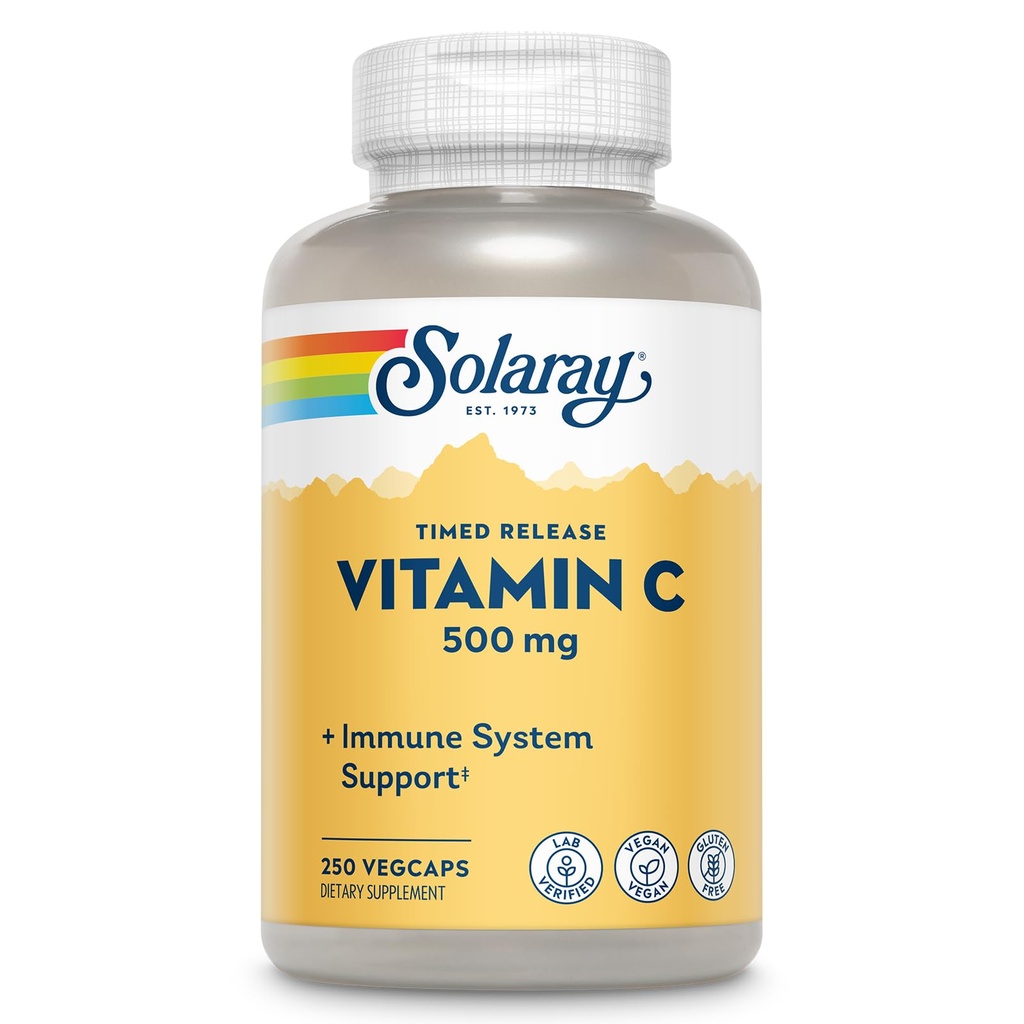 SOLARAY-vitamin C 500mg, Two-Stage Timet Release - Antioxidant og immunforsvar supplement - C-vitamin med Rose HIPS og Acerola, Vegan, Gluten Free, 60- Day Garanti, 250 Servere, 250 VegCaps