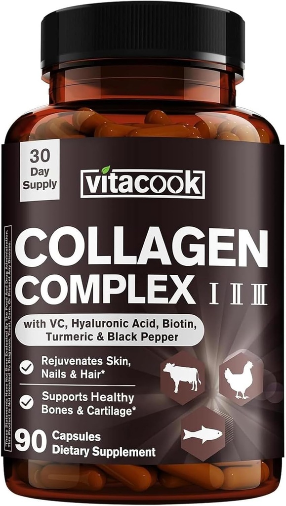 Collagen Peptider Complex, Type I, II, III, 2025 MG, Hydrolyzed Multi Collagen, VC, Biotin, HA, Gurkemeje & Sort Pepper, for Hud, Hår, Nails, 90 Caps