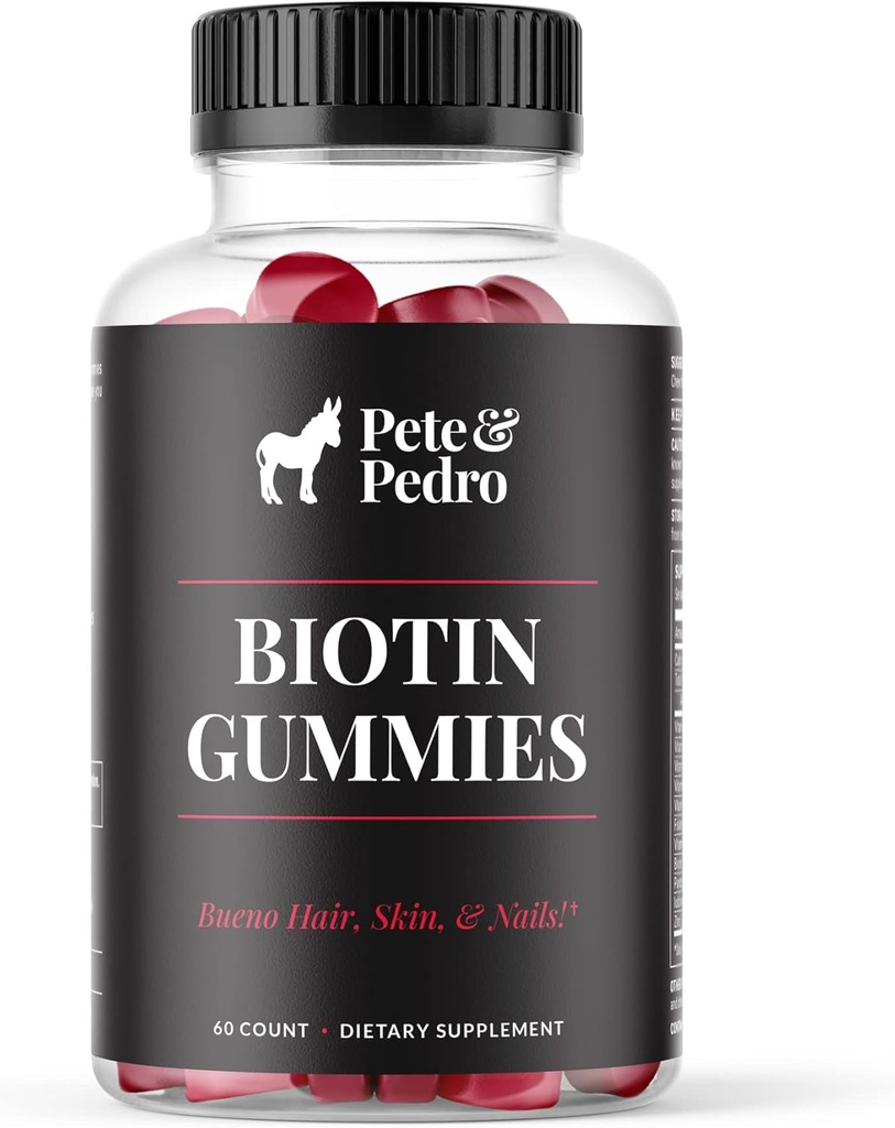 Pete & Pedro BIOTIN Gummies for hår, hud og negle Vækst for kvinder & mænd Budding124; Hår Grow Supplement for stærkere hud, & Nails Budding124; Cherry Biotin Gummy 5000mcg Per Serving Budding124; Set på Shark Tank, 60 Greve
