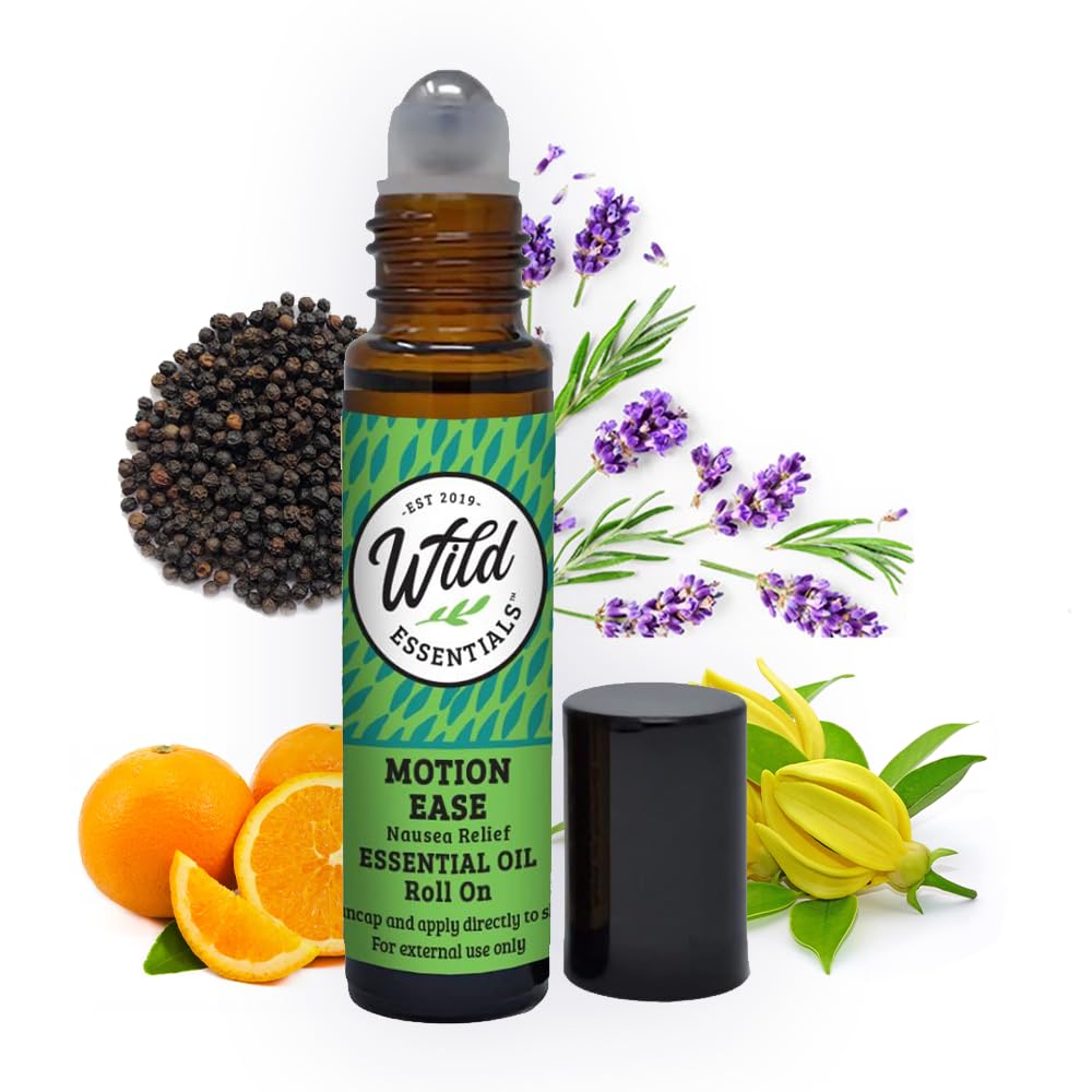 Wild Essentials Motion Essentials Oil Roll On, 10ml Motion Sygdom, Kvalme, Opsat Mave, Vertigo, Dizzy, Seasick, Cardick, Lavet med Organic Jojoba Oil, Klar til brug, Fugt, Alle naturlige