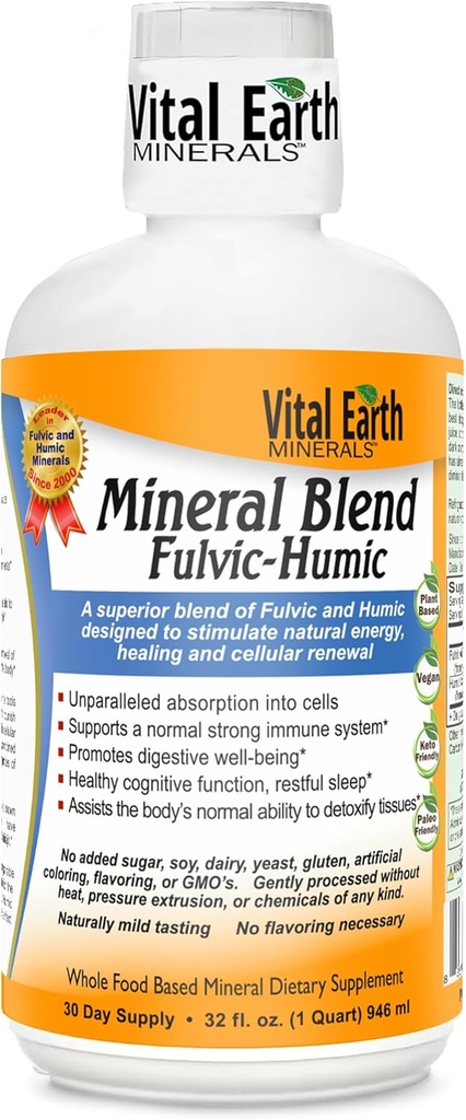 Vital Earth Minerals Fulvic Humic Mineral Blend Liquid - Fulvic Acid Supplement med 70 + Trace Minerals, Electrolytes for Recovery, Balance & Energy, 32 Oz + 1 Oz Cup