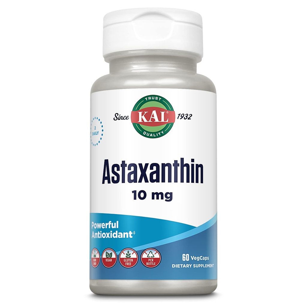KAL Astaxanthin 10mg, kraftfulde antioxidanter supplement, øje sundhed og hjerne supplement, Fra naturlig plantekilde, non-GMO, Vegan, Gluten Free, 30 Servere, 60 VegCaps