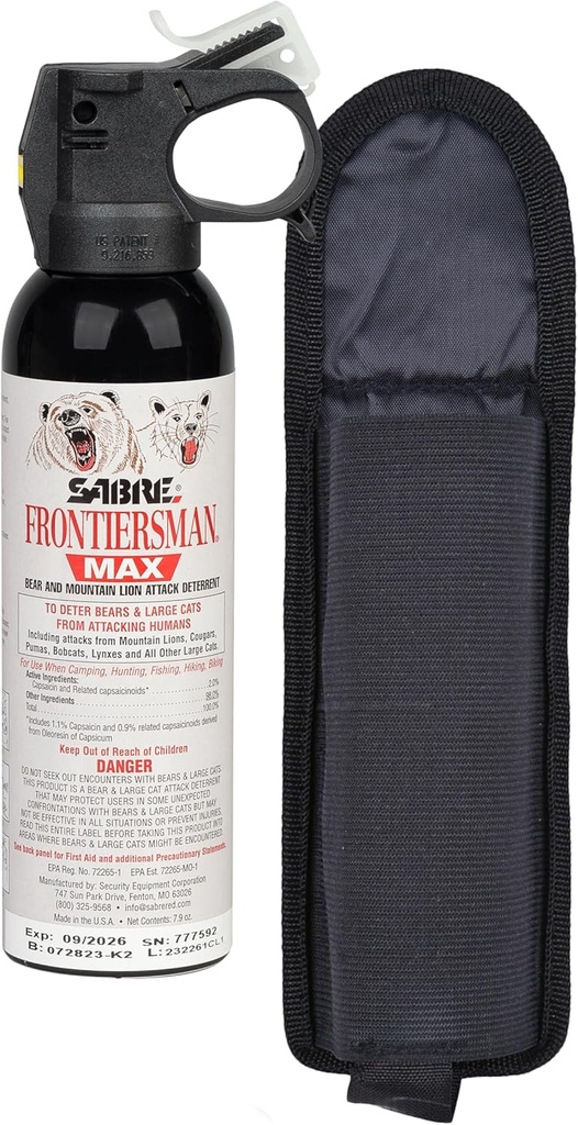 SABRE Frontiersman MAX Bear Spray – 40 ft Range, Maximum Strength, The Only EPA-Registered Spray for Bears & Mountain Lions, 7.9 oz, Glow Safety Clip, Outdoor Hiking & Camping Protection