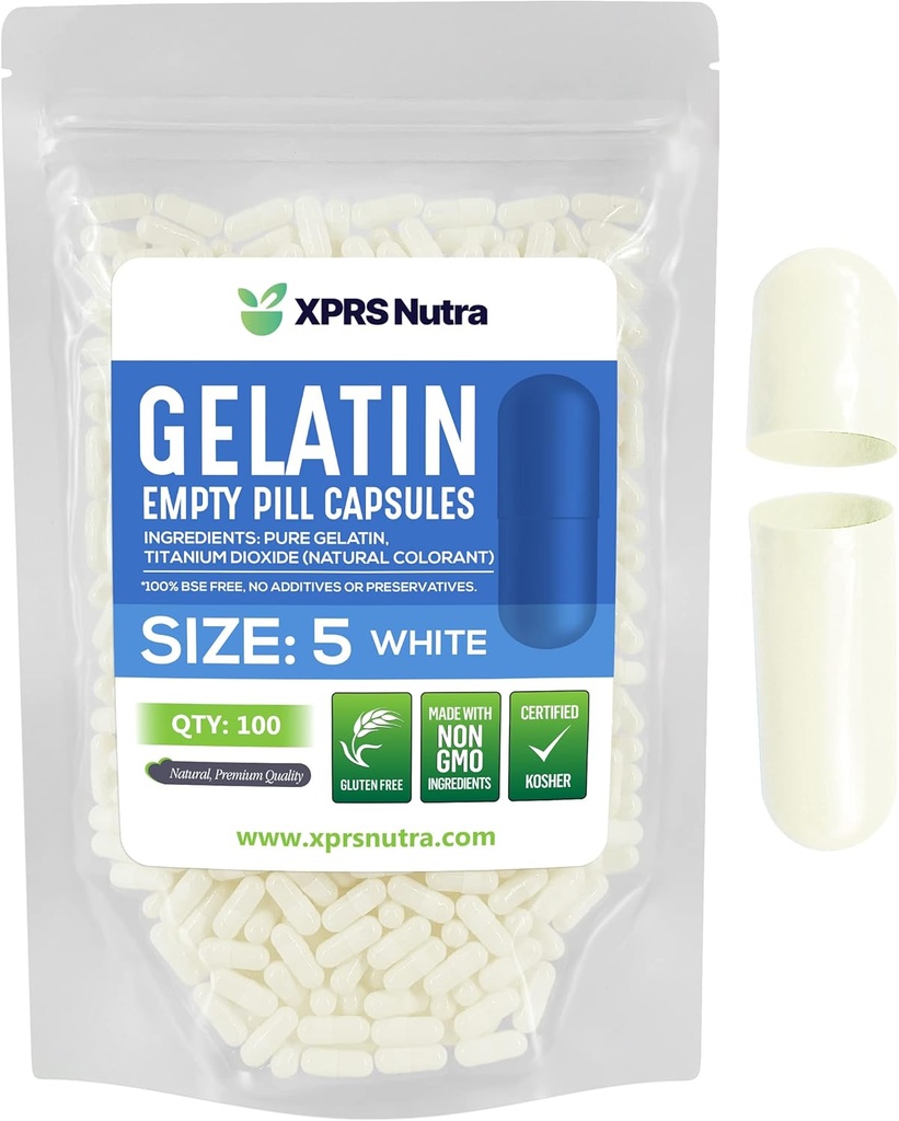 XPRS Nutra Størrelse 5 Tomme kapsler - 100 Tæl meget lille Tomme Gelatine kapsler - Piller selv Capsule Fyldning - Fyldelige Pille Gel Caps til Do- It- Yourself Vitamin Kosttilskud (hvid)