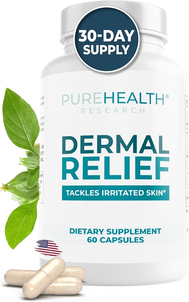 PURESUNDHEDSFORSKNING Dermal Relief Kosttilskud - til Irriteret Hud, Eksem og Dermatitis med L- Histidine, Ashwagandha Root Extract, Rhodiola Crenulata, Vitamin D og E - 1 flaske - 60 kapsler