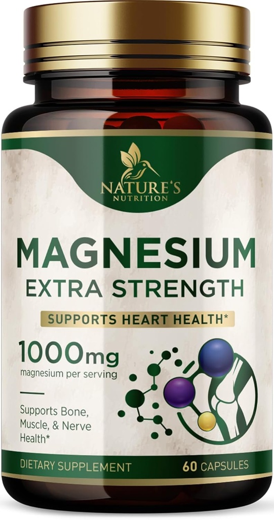 Magnesium Mineral Supplement 1000 mg - høj potens Magnesiumcitrat for ben, hjerte sundhed, nerver & muskel support, Nature 's Magnesium kompleks for hele kroppen støtte, flaske i USA - 60 kapsler
