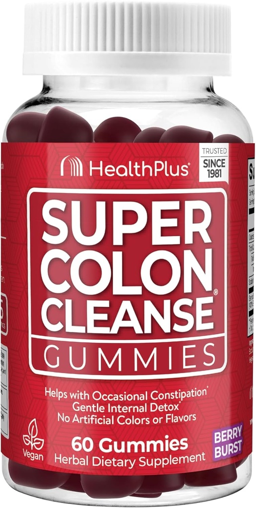 Sundhed Plus Super Colon Cleanse Gummies 15 Day Supply of Gentle Overnight Relief from Occasional Constipation, Natural Senna Leaf Extract, Kosttilskud, Blandede Berry Flavor, 60 Greve