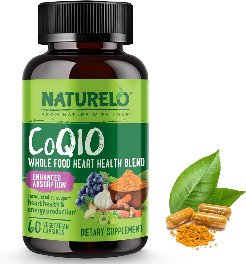 NATURELO hel fødevare CoQ10 Supplement, 60 Veg kapsler, Heart Health Blend, Kraftig antioxidant, CoQ10 100mg til energiproduktion