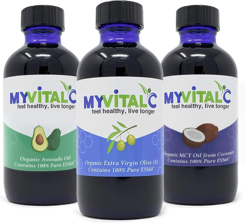 MyVitalC Combo of Organic Extra Virgin Olivenolie, MCT & Avocado Oil - ESS60 Antioxidant Supplement - for Anti- Aging, Longevity, Sleep, Energy - Pack of 3