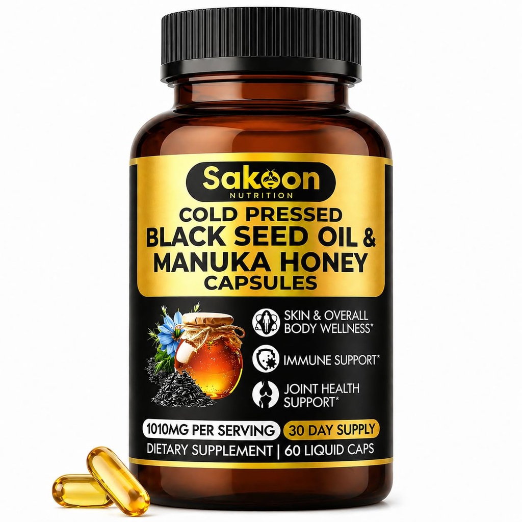 Black Seed Oil Capsules - Med New Zealand Manuka honning, koldpresset tyrkisk Nigella Sativa Oil, 2% Thymoquinon, immunforsvar & fordøjelsesstøtte, Made in USA, 60 Greve, 1010mg per servering