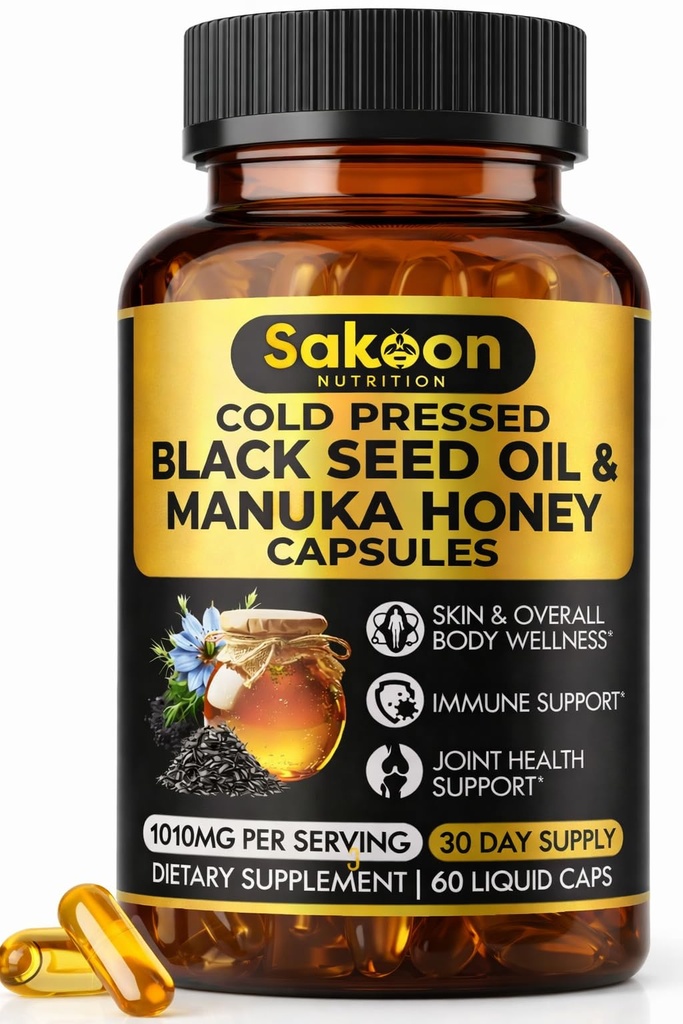 Black Seed Oil Capsules - Med New Zealand Manuka honning, koldpresset tyrkisk Nigella Sativa Oil, 2% Thymoquinon, immunforsvar & fordøjelsesstøtte, Made in USA, 60 Greve, 1010mg per servering