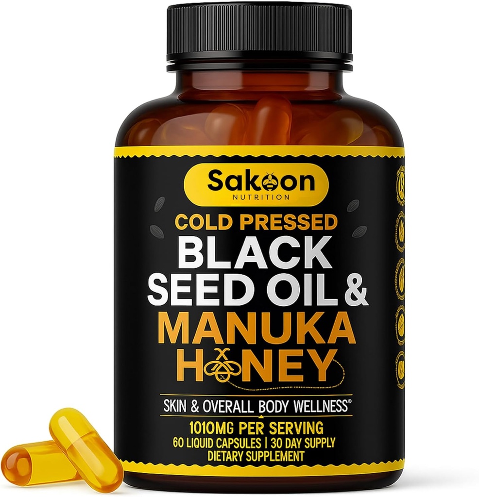 Black Seed Oil Capsules - Med New Zealand Manuka honning, koldpresset tyrkisk Nigella Sativa Oil, 2% Thymoquinon, immunforsvar & fordøjelsesstøtte, Made in USA, 60 Greve, 1010mg per servering