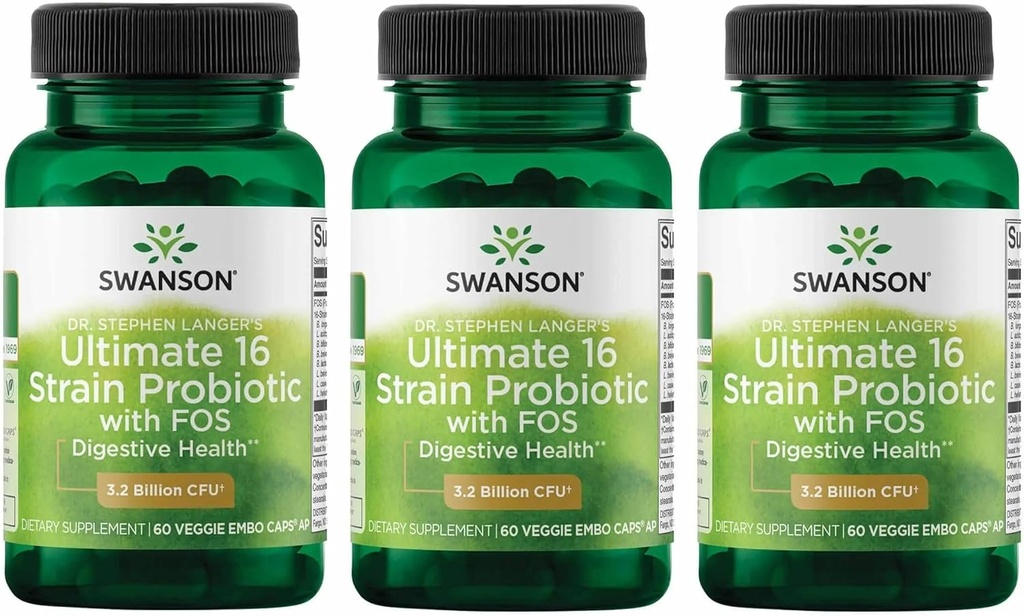 Swanson Dr. Stephen Langers Formel - Natural Probiotic w / Prebiotic FOS - 16 -Strain Supplement Fremme fordøjelsesstøtte w / 3.2 Billion CFU per kapsel - (60 Veggie kapsler) 3 Pack