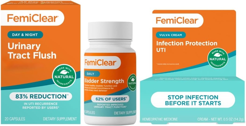 FemiClear - Dag & Nat urinstøtte - Bstige styrke supplement - Infektionsbeskyttelse Vulva Cream, Beskyttelse mod urinvejsinfektioner - Fremstillet i USA