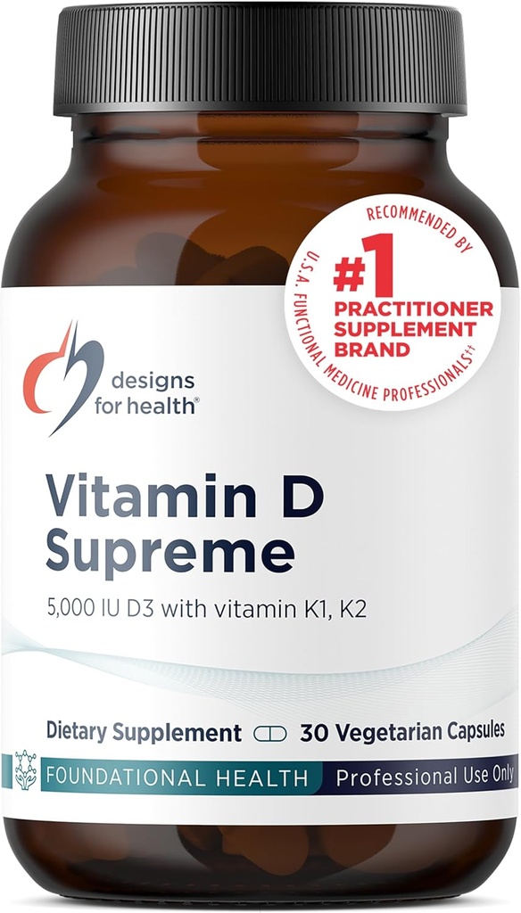 Designs for Health Vitamin D Supreme - Vitamin D 5000 IU with 2000mcg Vitamin K as MK4 for Bone Health, Heart Health, Mood & Immune Support - Vitamin D3 Enhanced with GG Supplement (30 Capsules)