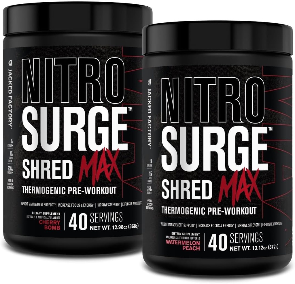 Jacked Factory Nitrovolume Shred Max Preworkout - High- Performance Thermogen Pre Workout Powder med L Citrullin, Acetyl L Carnitin, Organic Coffein - 80 Servering, Cherry Bomb & Watermelon Peach