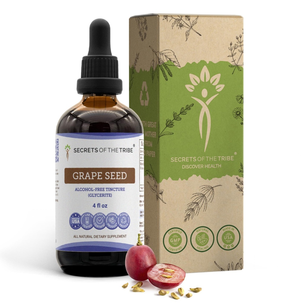 Secrets of the Tribe Grape Seed Tincture Alcohol- Free Extract, Grape (Vitis Vinifera) Tørret Seed Tincture Supplement (4 FL OZ)