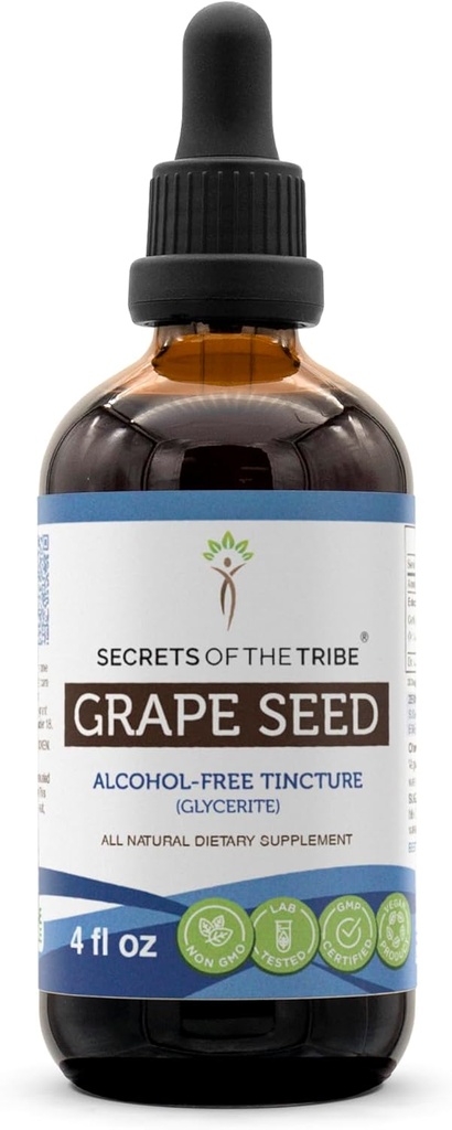 Secrets of the Tribe Grape Seed Tincture Alcohol- Free Extract, Grape (Vitis Vinifera) Tørret Seed Tincture Supplement (4 FL OZ)