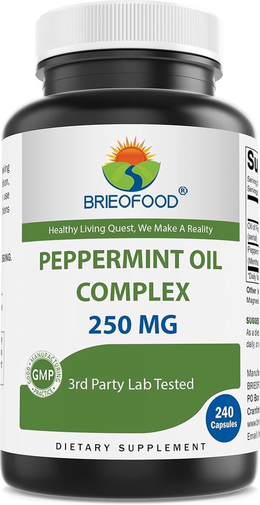 Brieofood Pebermynte Oil Complex - 250 mg - 240 Kapsler - Understøtter en sund Gut, tarm lindring - Gluten Free & Non- GMO