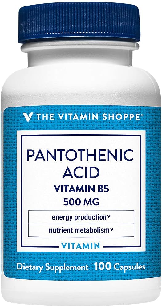 Vitamin Shoppe Pantothensyre 500MG, med vitamin B5, understøtter energiproduktion & hår, hud, negle, En gang dagligt (100 kapsler)