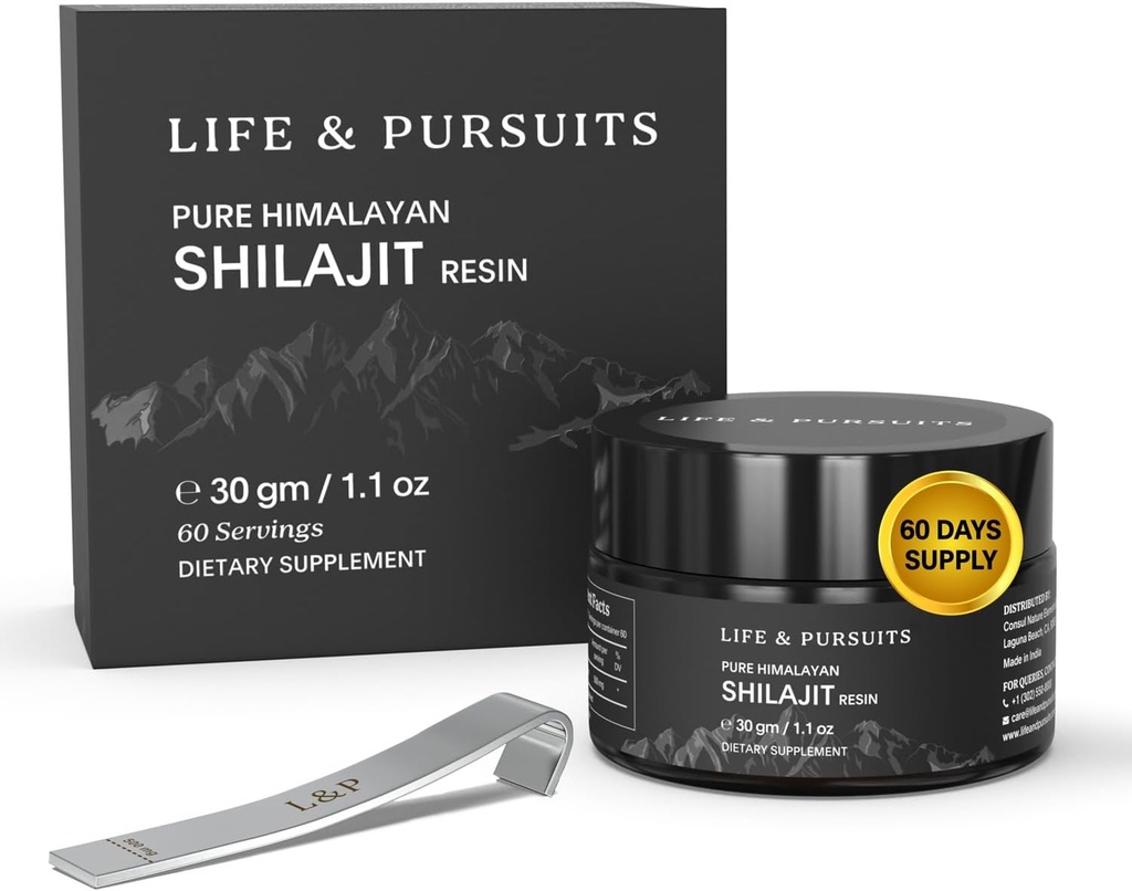 Life & Pursuites 100% Pure Real India Himalayan Shilajit Resin, 1.1 oz 500mg, Minimum 75% Fulvic Acid, 85 + Trace Minerals, Kosttilskud til mænd 3. part Lab Test Report, 60 Serveringer (Pack of 1)
