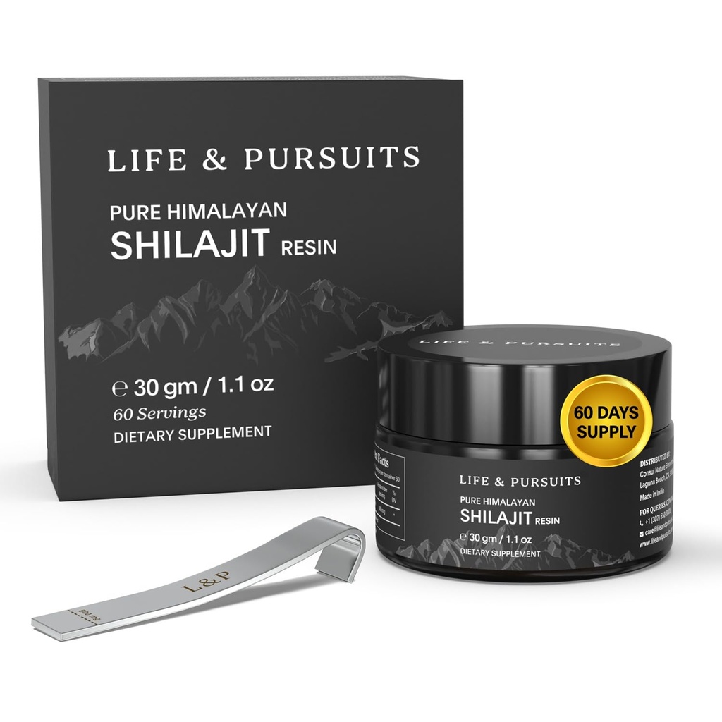 Life & Pursuites 100% Pure Real India Himalayan Shilajit Resin, 1.1 oz 500mg, Minimum 75% Fulvic Acid, 85 + Trace Minerals, Kosttilskud til mænd 3. part Lab Test Report, 60 Serveringer (Pack of 1)