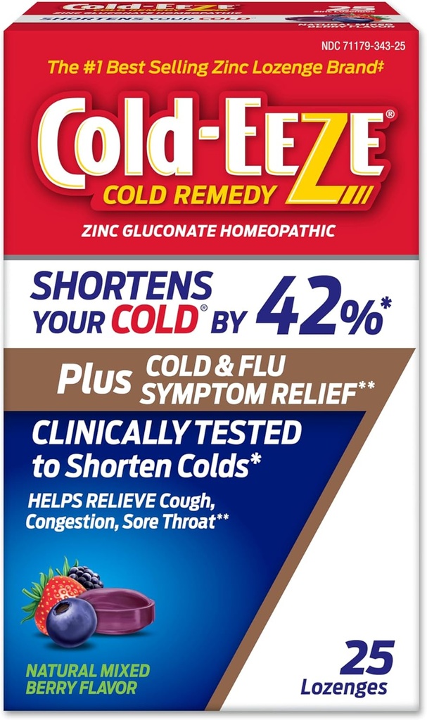 Cold- Eeze Plus Natural Mixed Berry Cold & Flu Zink Lozenges, Multi- symptom Relief, Homøopatisk Cold Remedy, Reducerer Varigheden af den fælles kulde, Sambucus Nigra til Relieve Cold & Flu Symptomer, 25 Ct